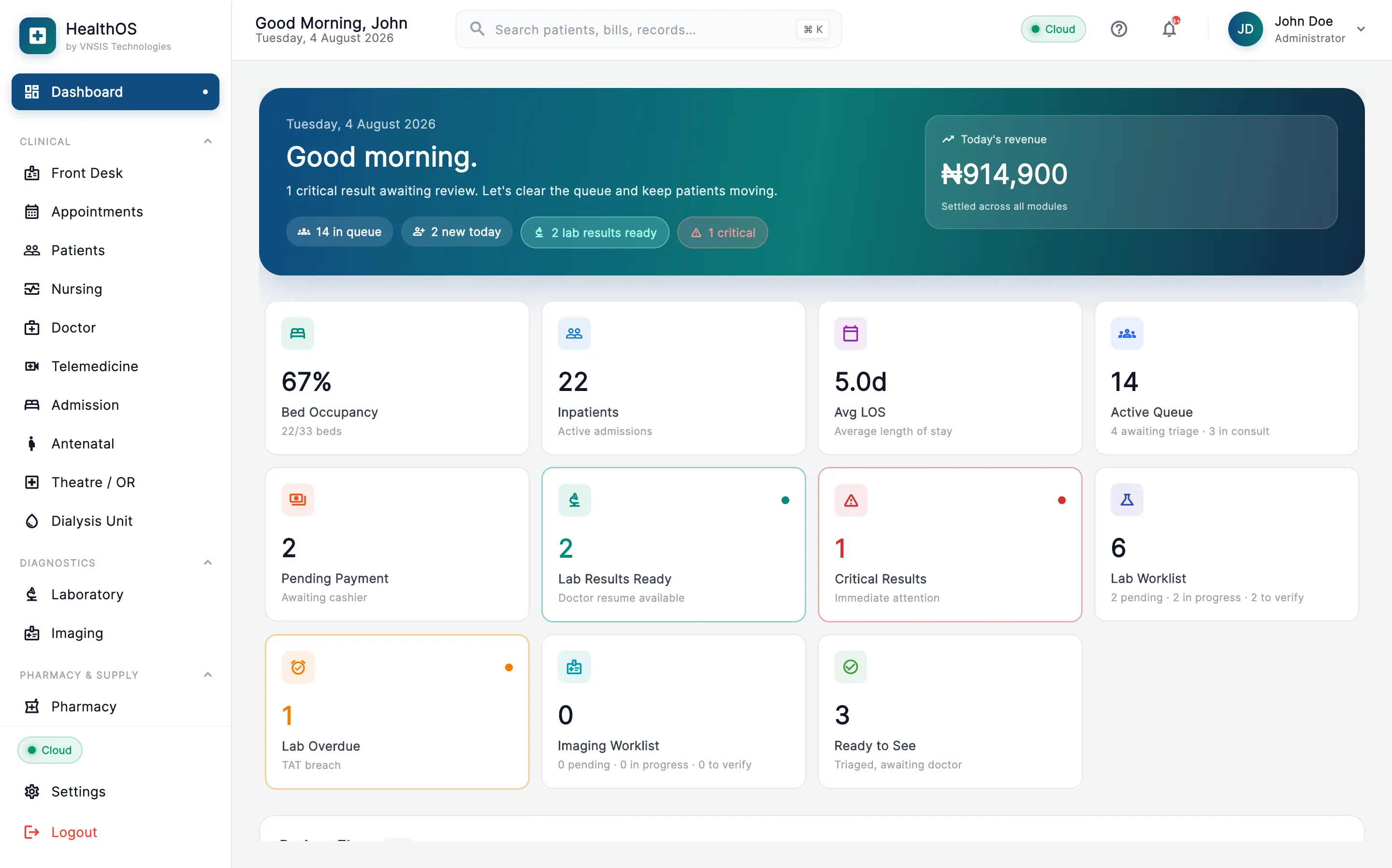 The HealthOS dashboard, connected to HealthOS Cloud.